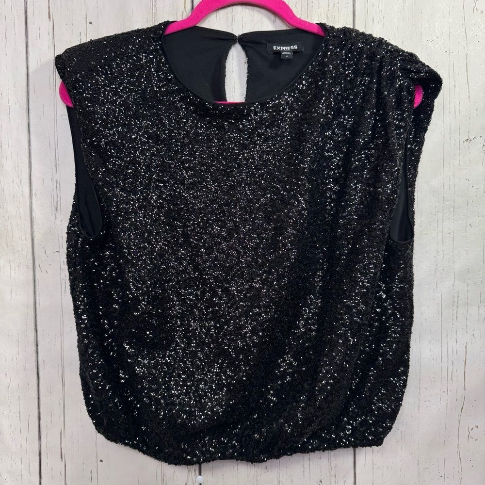 Express Black Sequin Sleeveless Blouse Top Party Glam Night Out Holiday Sparkle